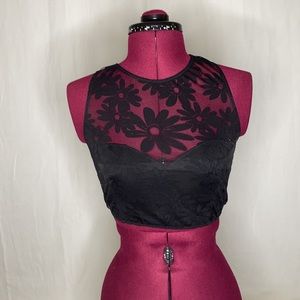 Black, Racerback, Mesh Floral Crop Top Size Medium